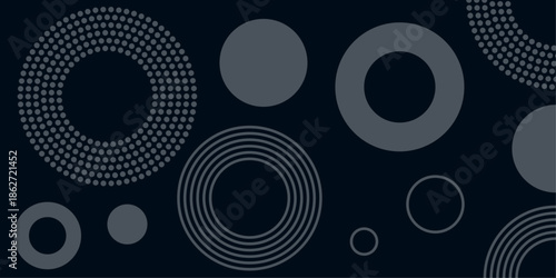 Abstract Dark Geometric Background with Minimalist Grey Circle and Ring Patterns