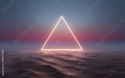 Glowing neon triangle above water surface against colorful sky backdrop