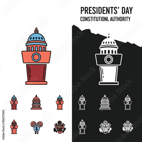 Graphic illustration set of various building icons and silhouettes with a Presidents' Day theme, featuring constitutional authority symbols in color and black and white.