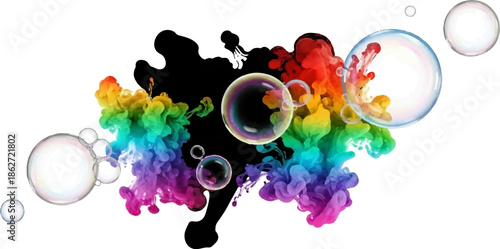 Vibrant rainbow ink plumes blend with abstract black shapes and floating transparent bubbles on white