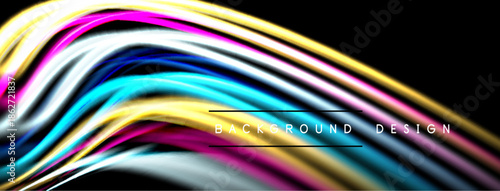 Abstract colorful waves flow across black background. Smooth lines create dynamic, modern visual effect. Bright hues blend seamlessly.