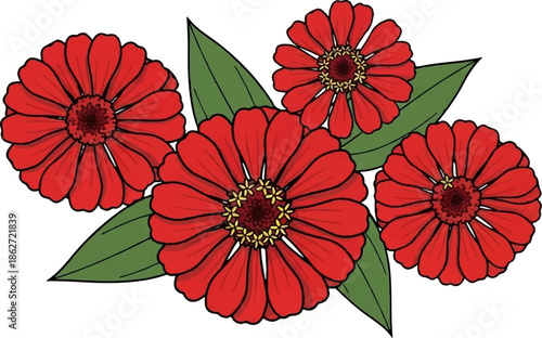 Vibrant red flowers with green leaves, depicted in a simple, clean illustration on a white background
