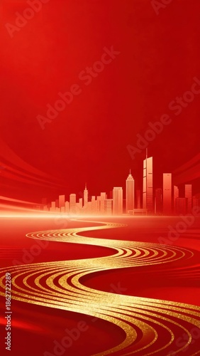 Abstract red and gold cityscape with flowing golden lines on a vibrant background