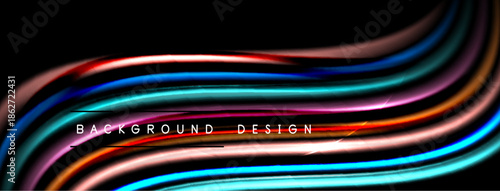 Abstract colorful waves over black background. Smooth lines create dynamic visual effect. Modern design element for projects.