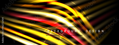 Abstract lines create dynamic, glowing effect. Yellow, red, gold hues dominate dark background. Modern design element.