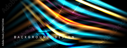 Abstract lines create vibrant energy. Blue, orange, yellow hues dominate dark background. Modern design element for digital projects.