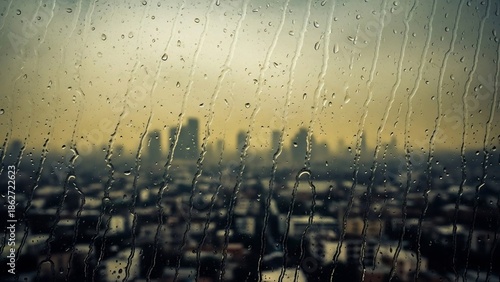 Rain-streaked window overlooking a distant cityscape, capturing the moody atmosphere.