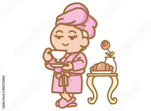 The Pink Bathrobe Lady Relaxing Morning with Coffee and Croissant