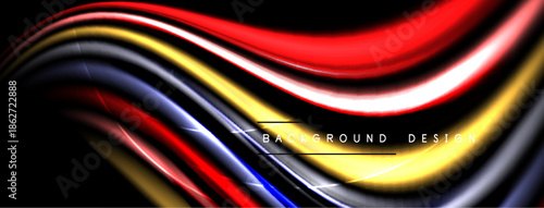 Abstract flowing lines, vibrant colors over black background. Dynamic wave pattern creates modern visual effect.
