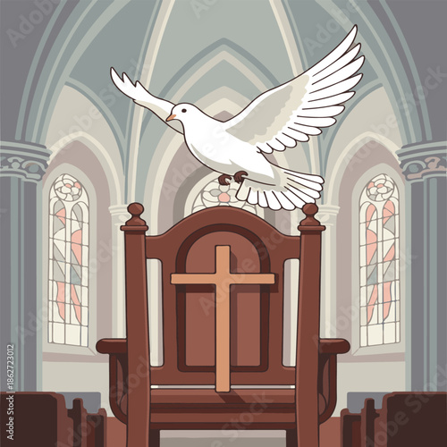 Cozy wooden church pew with dove flying above cross emblem on wall, soft light streaming through windows, perfect for religious posters, bulletins, and worship graphics.