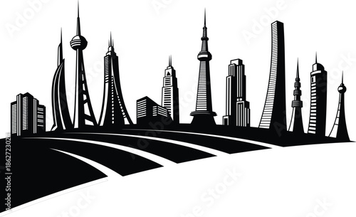 Modern city skyline silhouette illustration with futuristic skyscrapers, urban architecture, metropolitan landscape, contemporary cityscape design, black and white vector