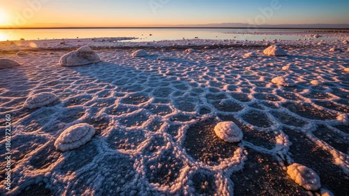 Timelapse sunrise over frozen salt flat landscape with cracked surface and calm horizon