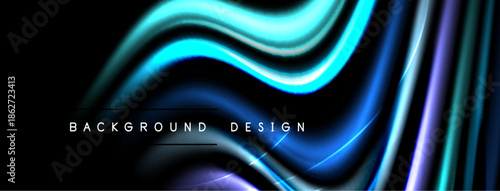 Abstract flowing lines, vibrant blues, dark background. Modern design elements create dynamic visual impact. Text reads background design.