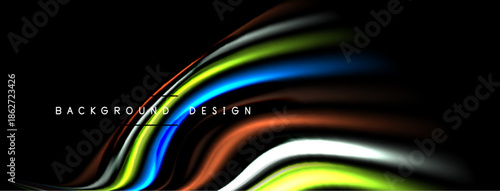 Abstract flowing lines create dynamic visual effect. Bright colors contrast against dark background, offering modern aesthetic.