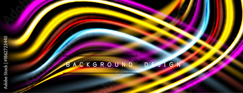 Abstract flowing lines, vibrant colors, dynamic curves. Background design features bright yellow, purple, blue hues. Modern aesthetic.