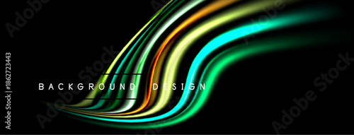 Abstract colorful waves over black background. Dynamic lines create modern design, suitable for digital projects. Bright gradients, smooth transitions.