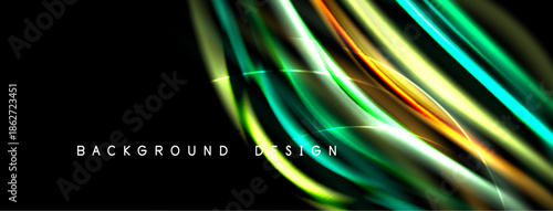 Abstract vibrant lines over black background. Dynamic colorful flow creates modern design element. Smooth gradients, elegant composition.