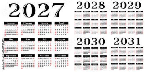 A set calendar templates for a year 2027 - 2031.
