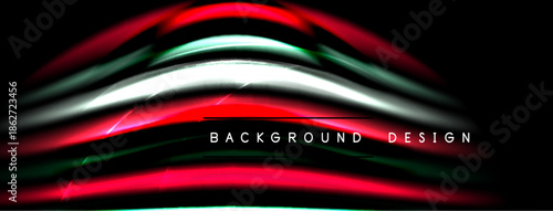 Abstract flowing lines create dynamic visual effect. Red, white, green hues dominate dark background. Modern design element.