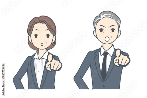 真剣な表情で前方を指さす中年のビジネスマンと中年のビジネスウーマンのイラスト