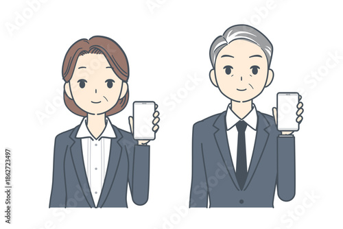 スマートフォンを見せる中年のビジネスマンと中年のビジネスウーマンのイラスト