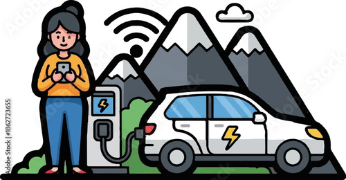 Woman uses smartphone near EV charging station, car plugged in. Mountains, WiFi signal in background