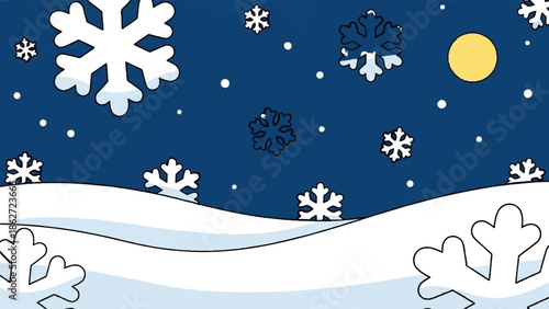 Winter night scene with a yellow moon in a dark blue sky, large snowflakes falling over white snowdrifts