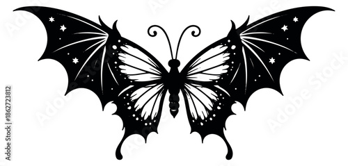 Stylized illustration of a dark butterfly depicting bat wings and stars for gothic design