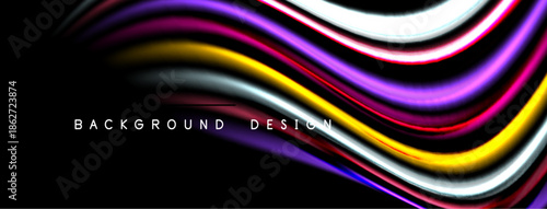Abstract flowing lines create vibrant, dynamic background. Colors blend, forming wavelike patterns. Modern design element.