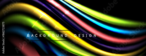 Abstract colorful waves flow across black background. Bright lines create dynamic, modern visual effect. Design includes text background design.
