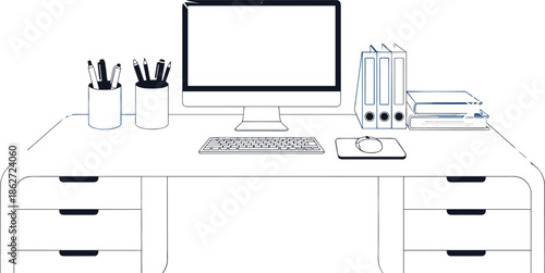 Organized office desk, computer monitor, keyboard, mouse, stationery, ring binders, workspace setup, productivity, clean layout, professional environment