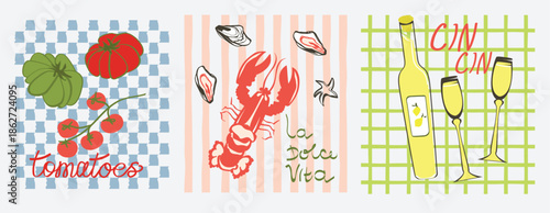 Postcards with retro doodle drawings. Lobster, shells frame, cocktails, tomatoes sketches. Hand-drawn vector illustrations. Poster, print, home decoration
