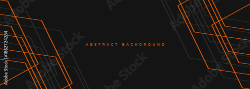 Black abstract wide horizontal banner with orange and gray lines and angles. Dark modern sporty bright futuristic horizontal abstract background. Vector illustration EPS10.