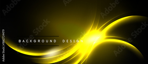 Bright yellow curves shine against dark backdrop. Text reads background design. Modern, dynamic visual element.