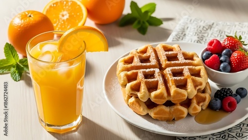 Golden Waffles with Fresh Berries and Refreshing Orange Juice Breakfast