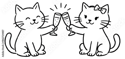 Hand drawn line art illustration of two cute cats depicting a toast for celebration