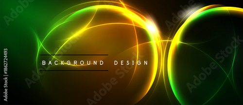 Abstract neon lights create vibrant circular shapes. Dark background emphasizes glowing curves, gradients, text elements. Modern design.