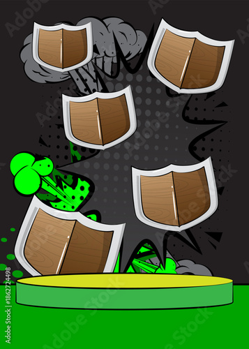 Comic Book Product podium stage for mockup presentation with Shield. Retro comics background.