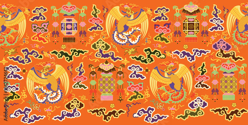 Luxury Auspicious Chinese Phoenix and Lantern Seamless Vector Pattern