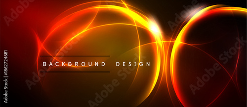 Abstract neon lights form circular shapes. Dark background emphasizes glowing orange, red elements. Text reads background design.