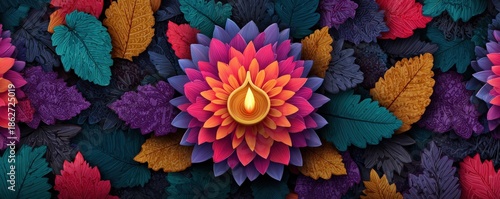 A vibrant, colorful floral design featuring a central flower and various textured leaves, creating an artistic and visually appealing composition.