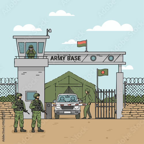 A flat vector illustration showing soldiers guarding a military base checkpoint. Barriers, guard towers, and ID checks are visible. Soldiers wear protective gear and carry weapons. 