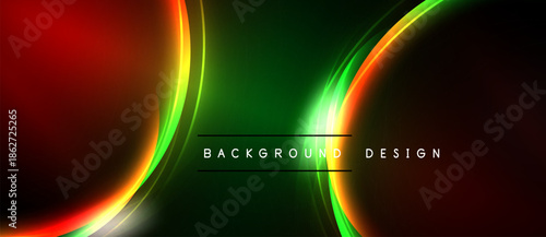 Abstract background features vibrant curves, red, green, orange hues. Modern design with glowing lines, dark backdrop.