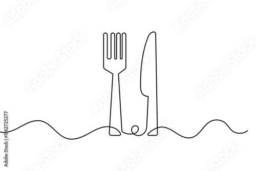 Cutlery fork and knife continuous one line drawing for restaurant menu minimalist vector design