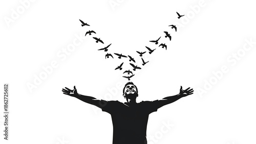 A person with arms outstretched joyfully watches birds flying upward in a V-shape formation. Silhouette art against white