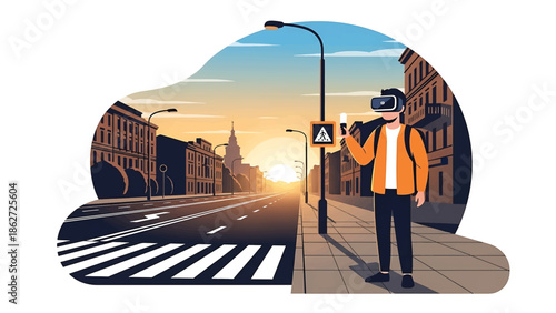 A person with a VR headset explores a cityscape. The scene is stylized, with buildings, a road, pedestrian crossing, and streetlights against a sunrise
