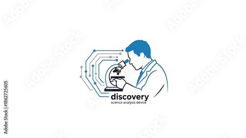 A person with blue hair and a lab coat is looking through a microscope. Blue and grey lines are present. Text reads "discovery" and "science analysis device.