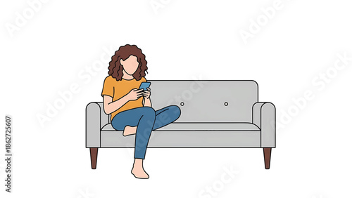 A person with curly hair is seated on a gray sofa, engrossed in using a smartphone, legs crossed. Illustration style