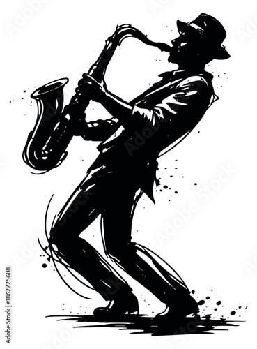 Ink splash style illustration of a saxophonist depicting an energetic saxophone performance for music and entertainment