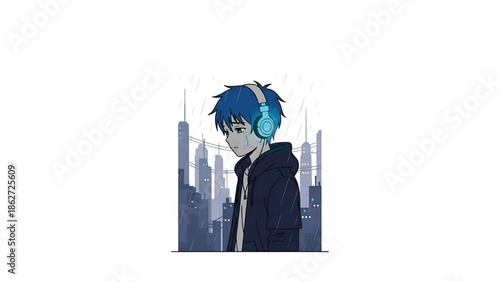 A person with blue hair wearing a hoodie and headphones stands in the rain in front of a city skyline. They appear sad